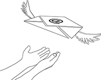 Line illustration of hands releasing a flying email.