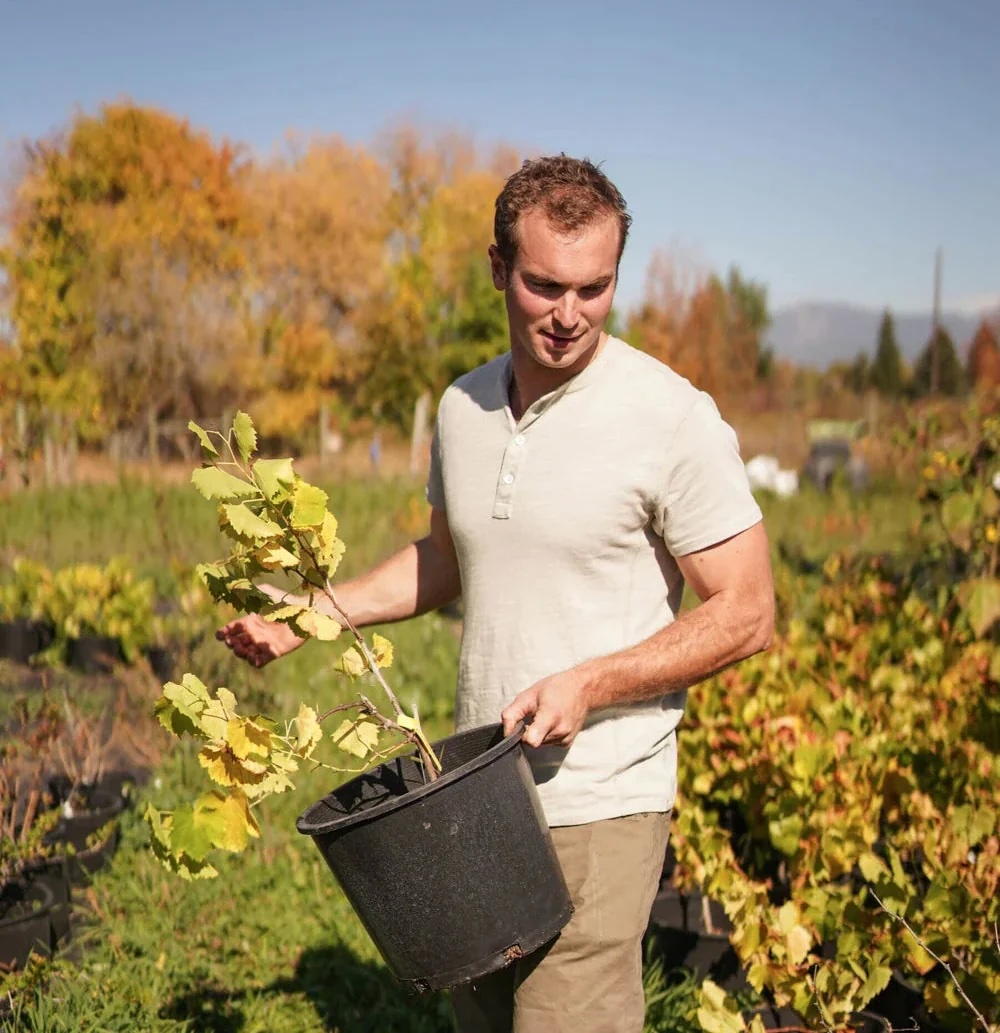 Luke Robinson with potted plants.