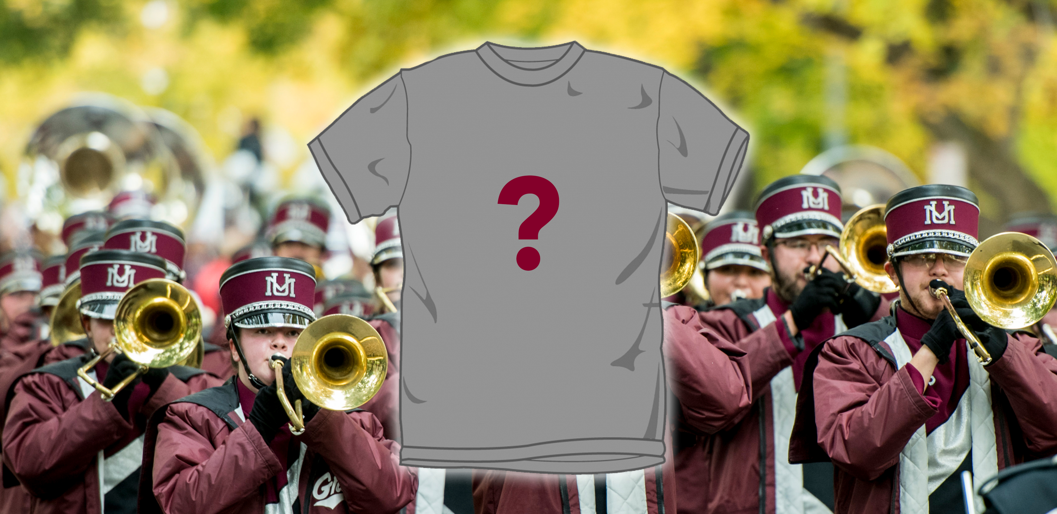 Graphic of a T-shirt placed over a photo of the UM Band.