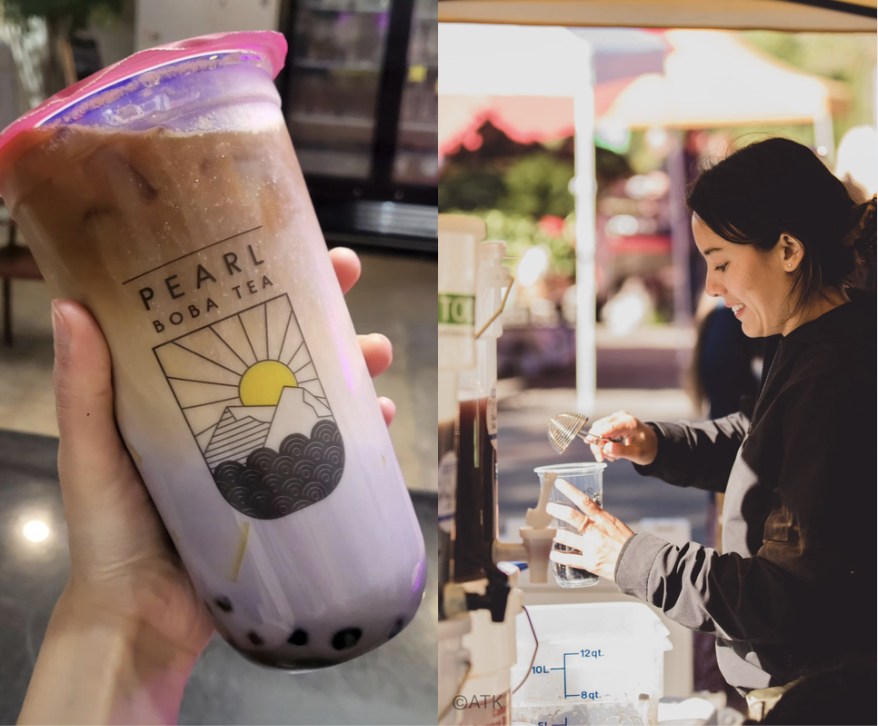 A boba tea drink side by side with a photo of Asia Caluori. 