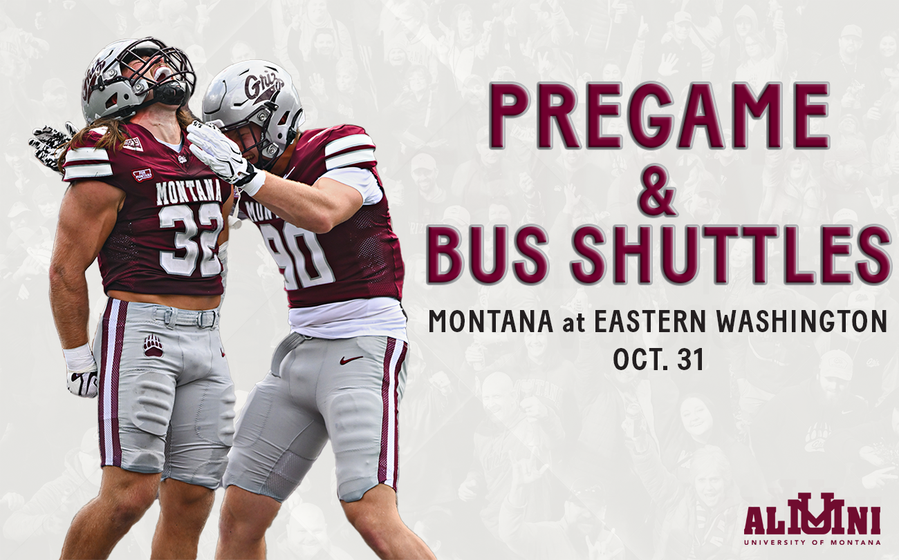 Image of Griz Football Helmet and words "Pregame & Shuttle"