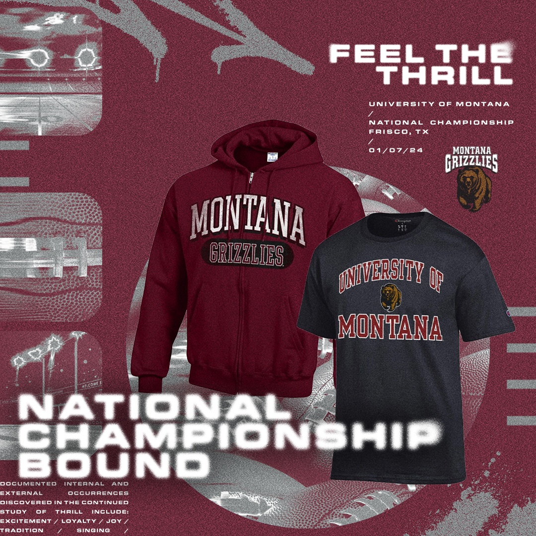 Feel the thrill text with Griz sweatshirt and tshirt displayed.