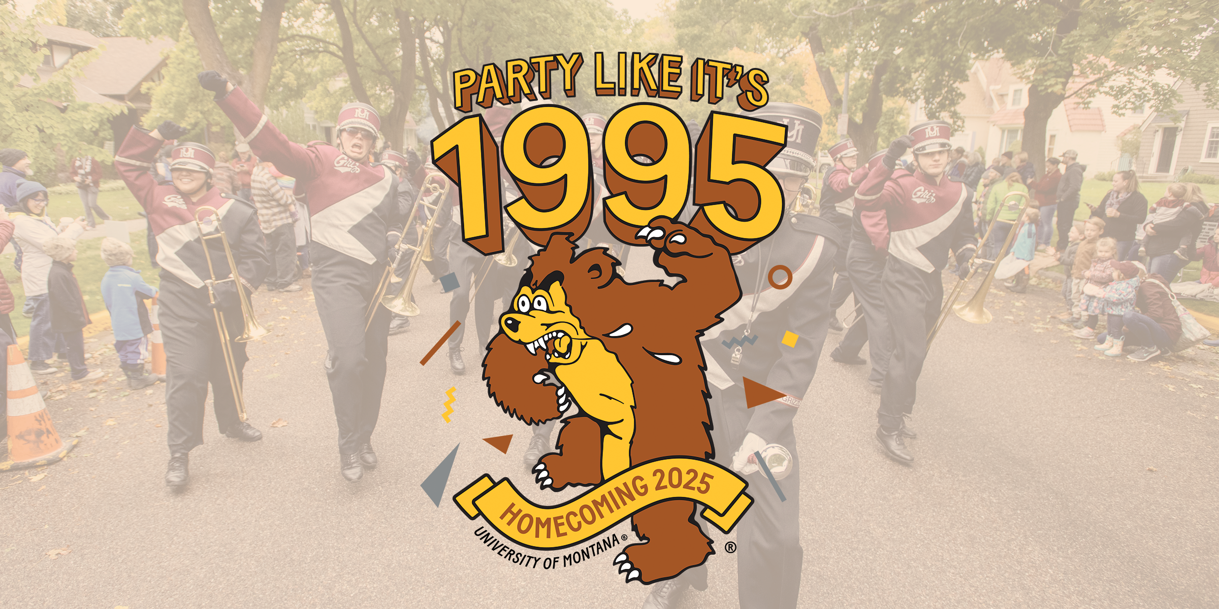 Photo of the Grizzly Marching Band with an overlay of the homecoming logo.