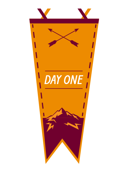 Banner with mountains and text displaying "Day One"