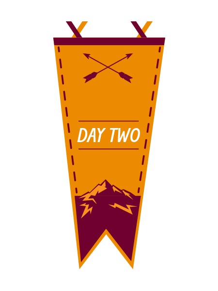 Banner with mountains and text displaying "Day Two"