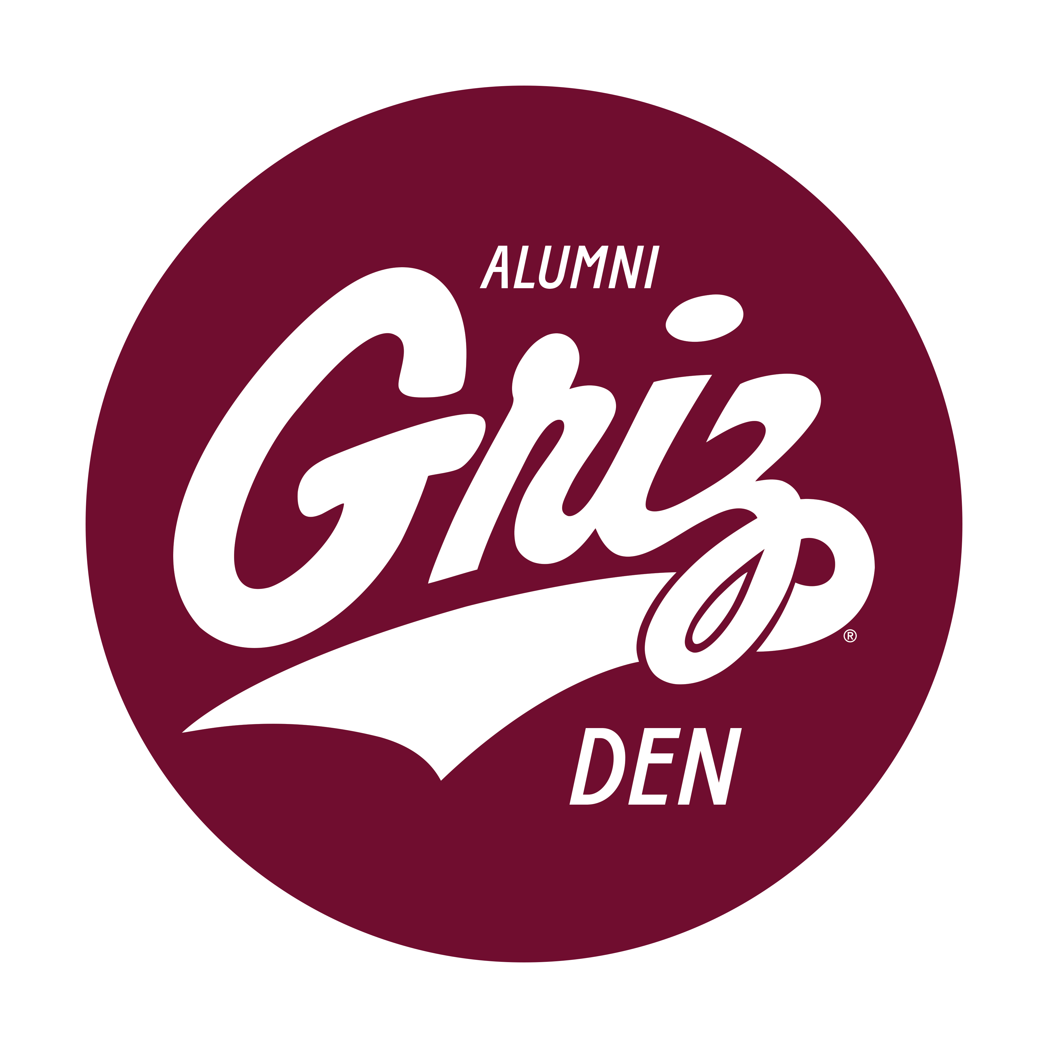 Maroon circle with white text that reads Alumni Griz Den.