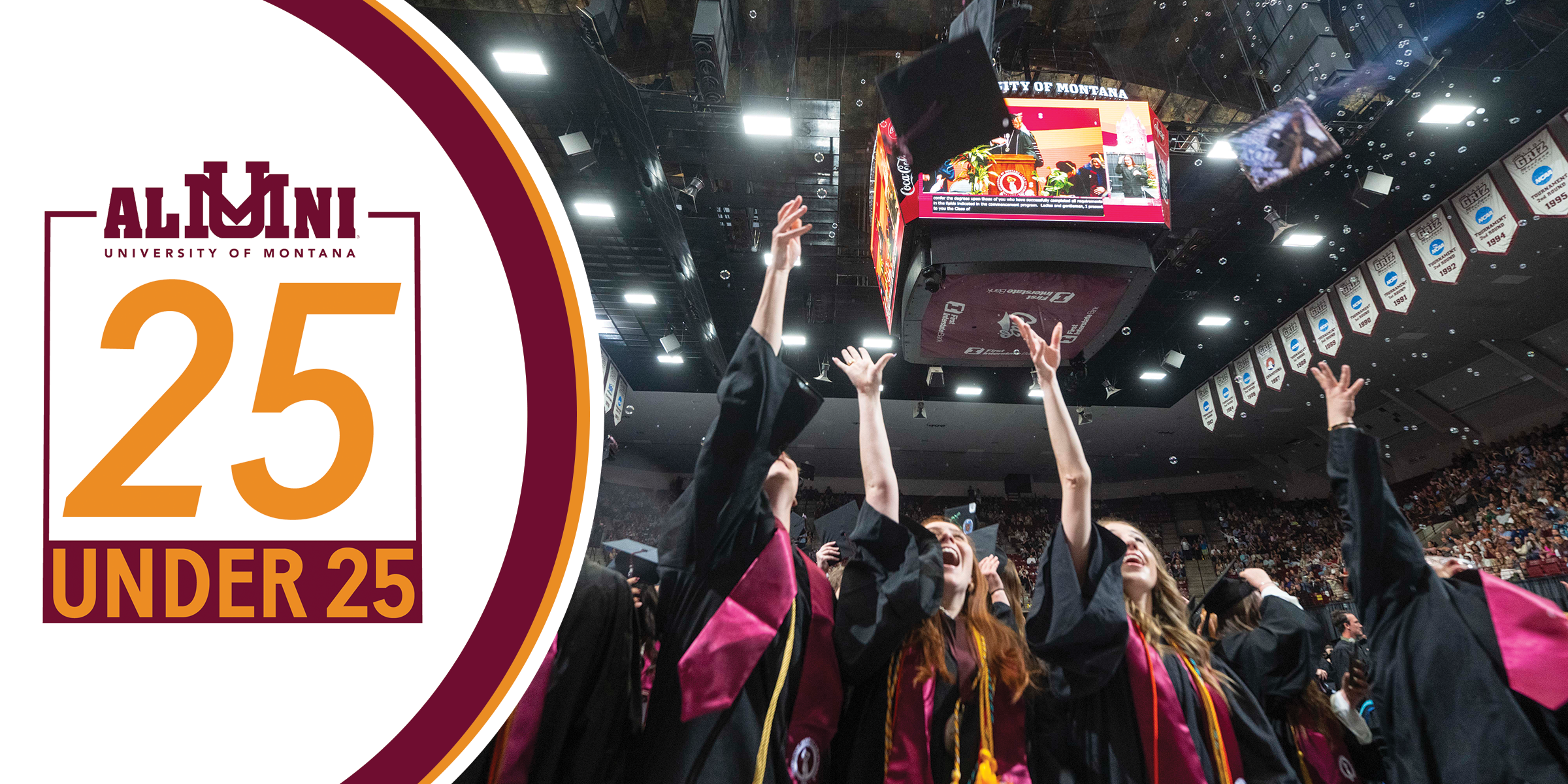 Image of new graduates with a 25 Under 25 logo overlay