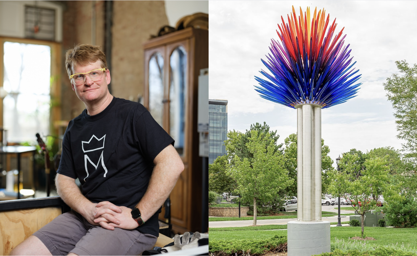 Artist Tyler Kimball in his studio and one off his glass installations.